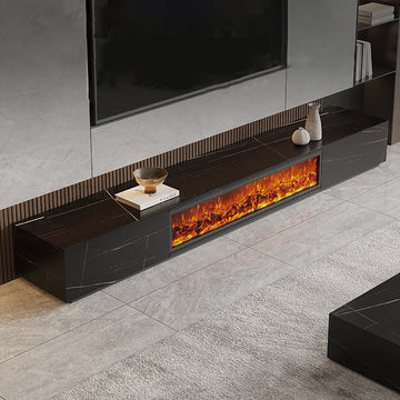Modern Electric Fireplace TV Stand with Wood Storage, 2 Drawers, Solid Wood & Rock Panel, White/Black